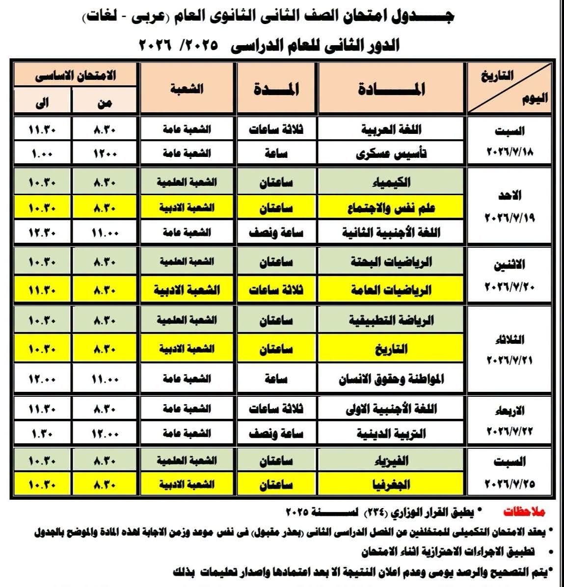 جدول امتحانات الدور الثاني لامتحانات الثانوي 