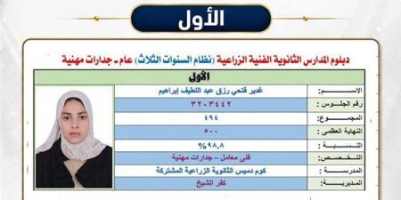 محافظ كفر الشيخ يهنئ «غدير فتحي» الأولى على الجمهورية بالدبلومات الفنية الزراعية 2026