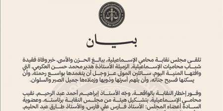 نقابة المحامين بالإسماعيلية تصدر بيانا رسميا بشأن واقعة وفاة المحامية هدير العكرمي