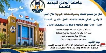 جامعة الوادي الجديد الأهلية تعلن عن وظائف شاغرة بنظام الاستعانة اليومية