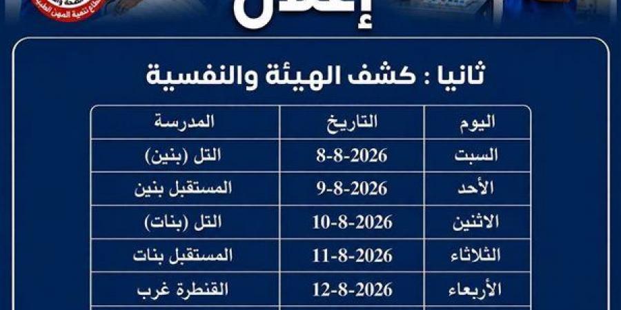 مديرية الصحة بالإسماعيلية تعلن مواعيد كشف الهيئة لمدارس التمريض
